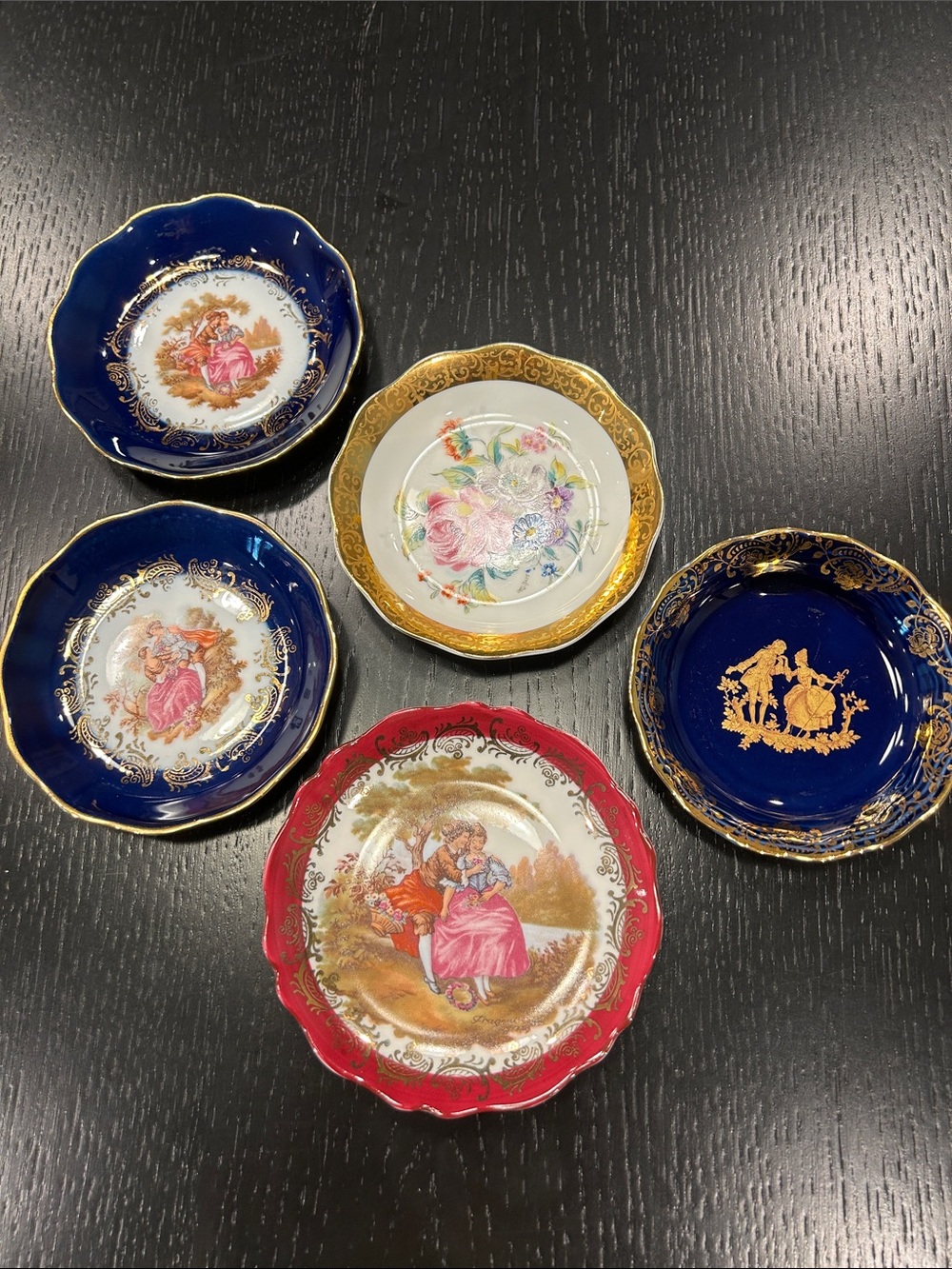 5 Limoges Porcelain Decorative Mini Plates in Cobalt Blue, Red, Gold and White